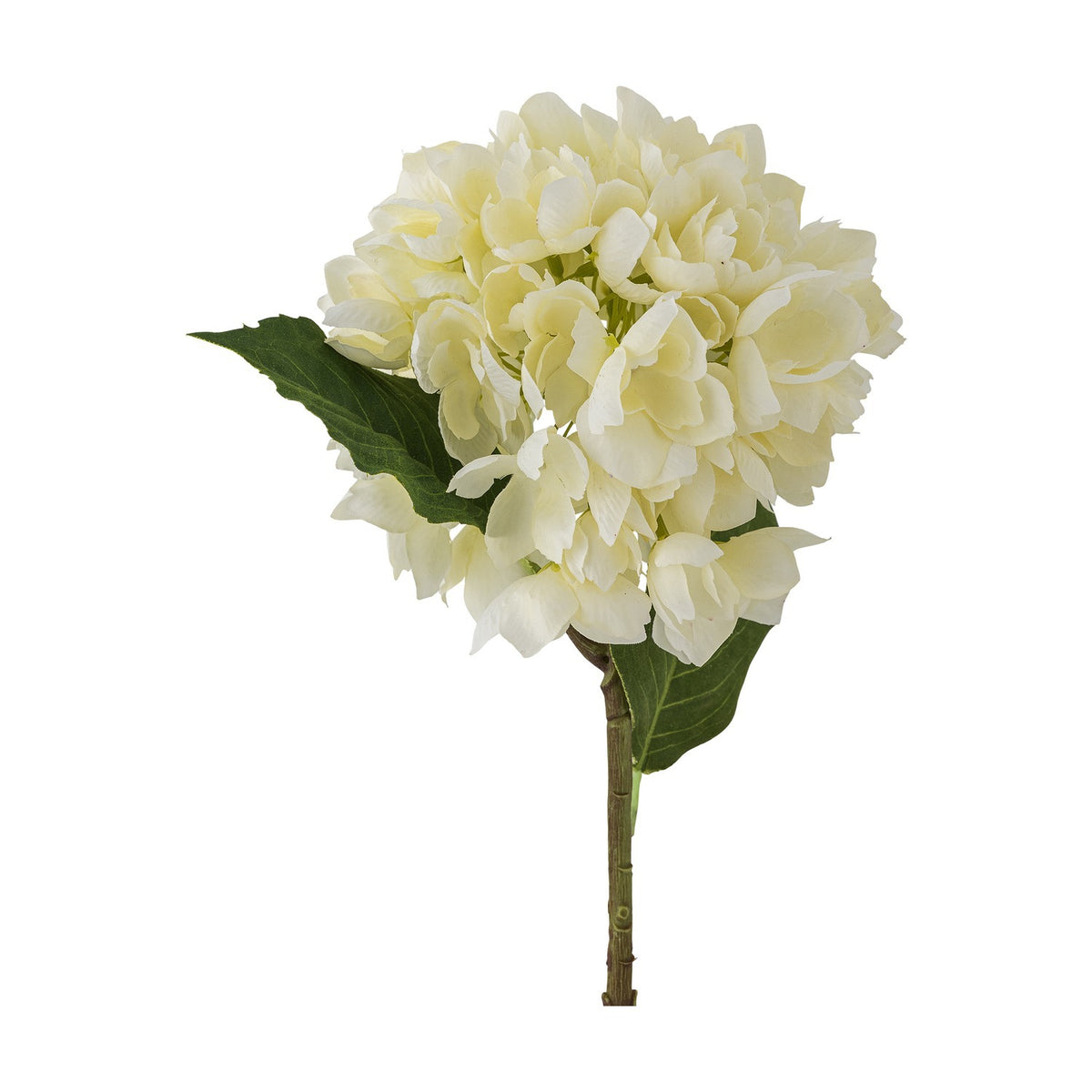 Artificial hydrangea stem with a full, rounded head of densely packed cream florets, two broad green leaves, and a knotted stem, shown against a plain white background.