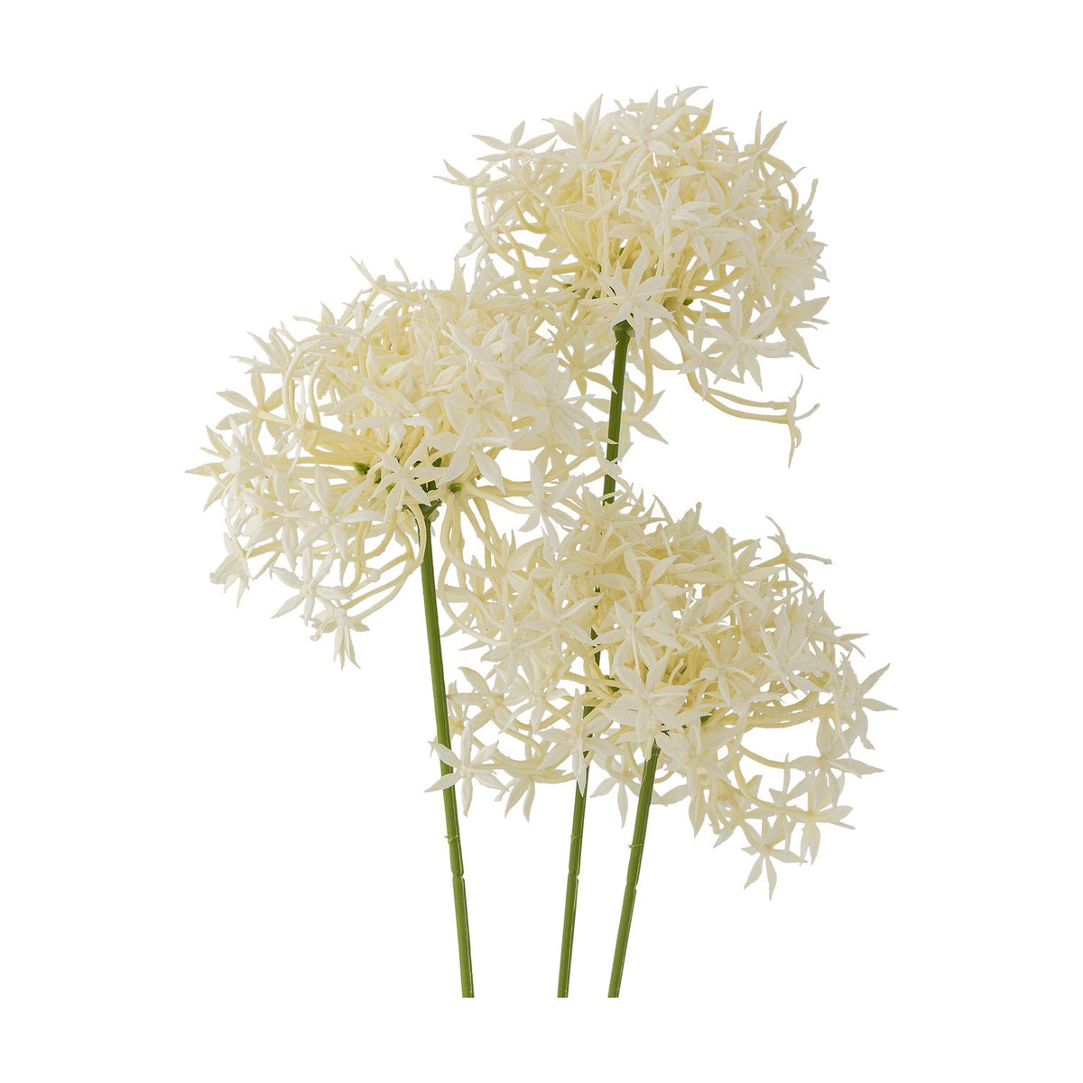 Allium Artificial Stem in white with three globe-shaped flowerheads of star-shaped florets on green stems, shown against a plain white background.
