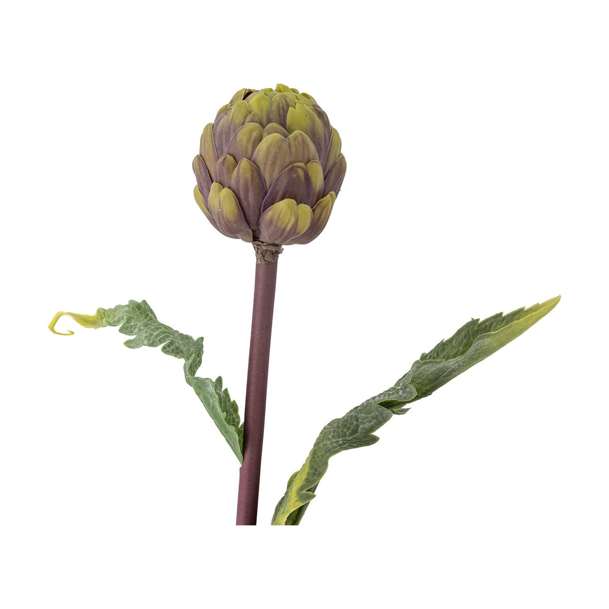 Protea Artificial Stem 54cm in purple, showing a single layered flower head with overlapping bracts atop a slim purple stem with two deeply cut green leaves, on a plain white background.