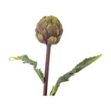 Protea Artificial Stem 54cm in purple, showing a single layered flower head with overlapping bracts atop a slim purple stem with two deeply cut green leaves, on a plain white background.