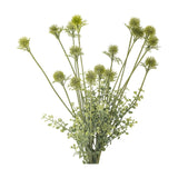 Wildflower Artificial Stem in green, a faux plant bundle of slender stems topped with round spiky thistle-like flowerheads and small leafy sprays, tied at the base, on a plain white background.