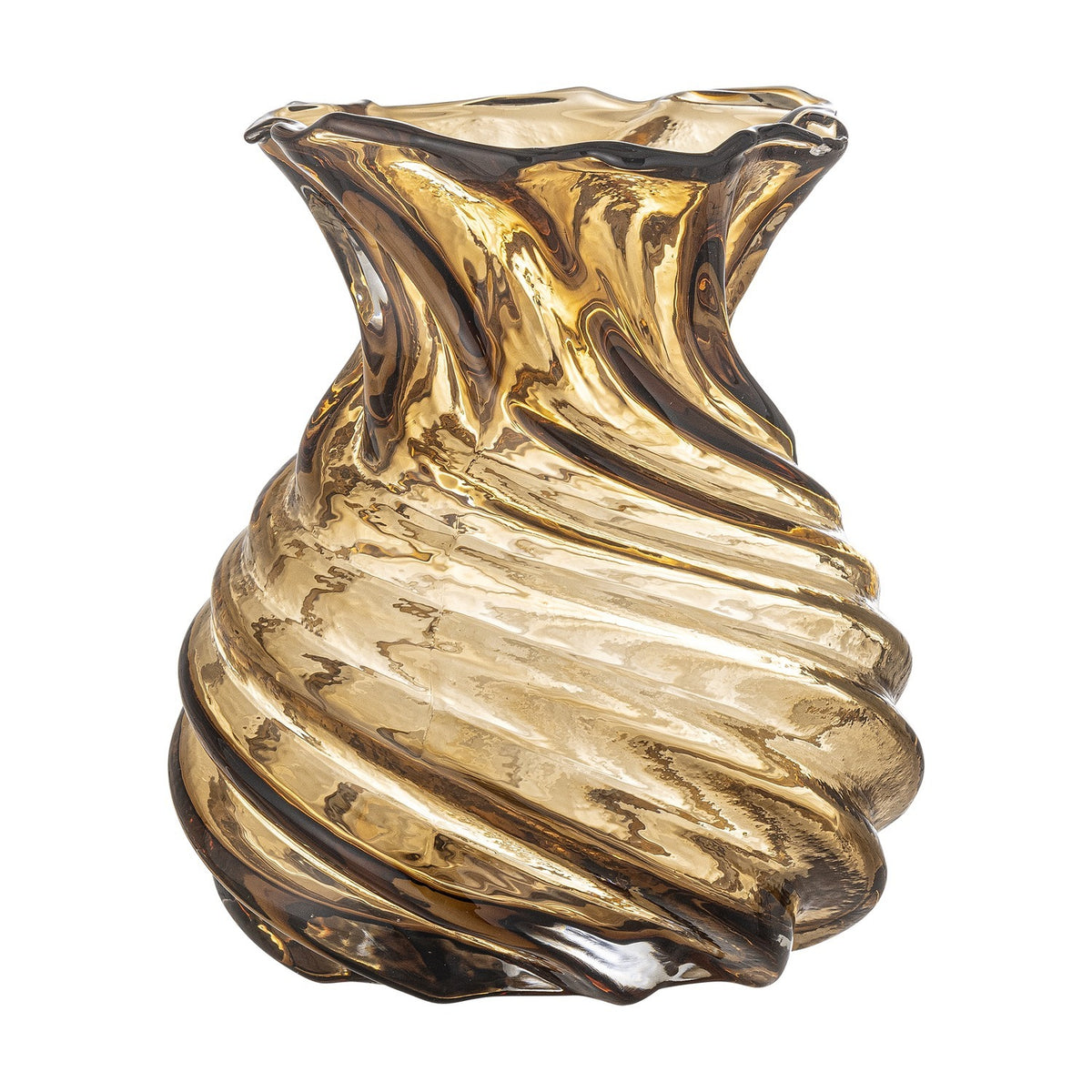 Rylo Glass Vase 18.5cm in brown, showing a spiral-ribbed glass body with pinched neck and flared wavy rim, set against a plain white background.