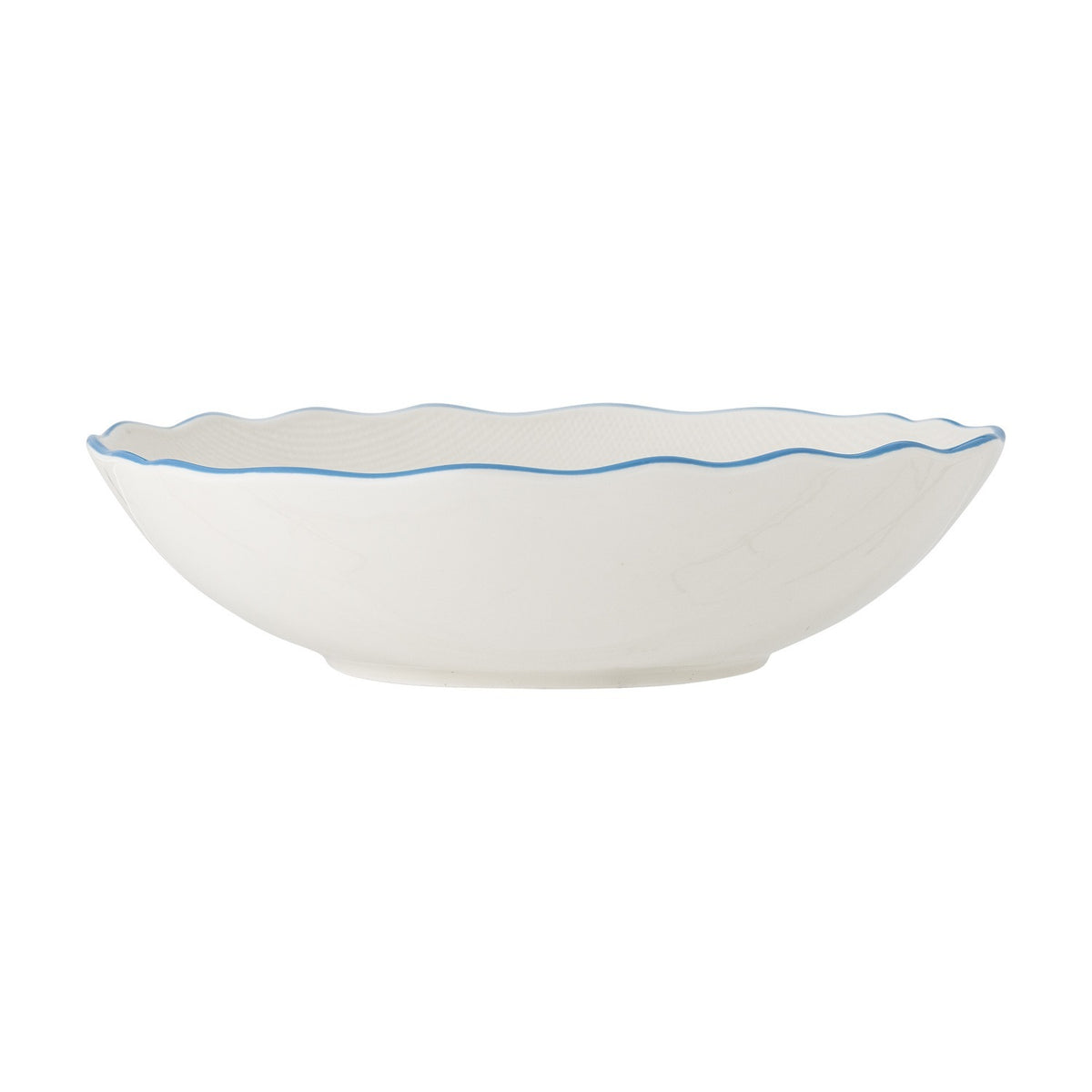 Dorothy Floral Stoneware Bowl 28cm in white with a scalloped rim edged in blue and a woven-texture interior, shown on a plain white background.