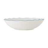 Dorothy Floral Stoneware Bowl 28cm in white with a scalloped rim edged in blue and a woven-texture interior, shown on a plain white background.
