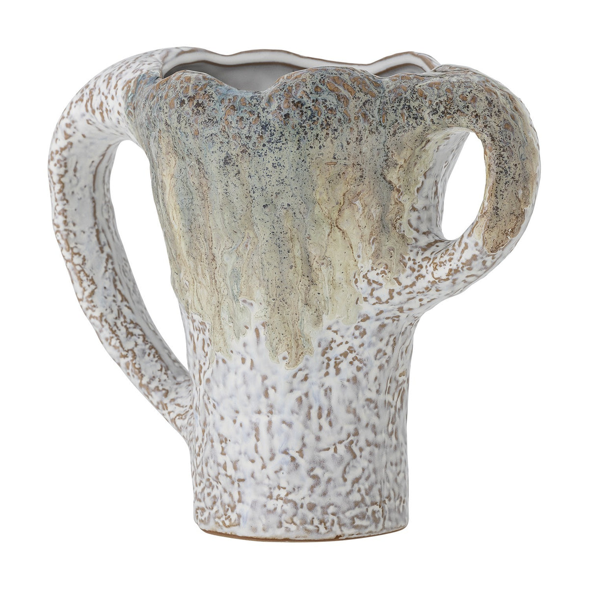 Ledger Speckled Stoneware Vase 21cm in white with a wavy rim, two different-sized loop handles, and a mottled, textured finish, shown on a plain white background.