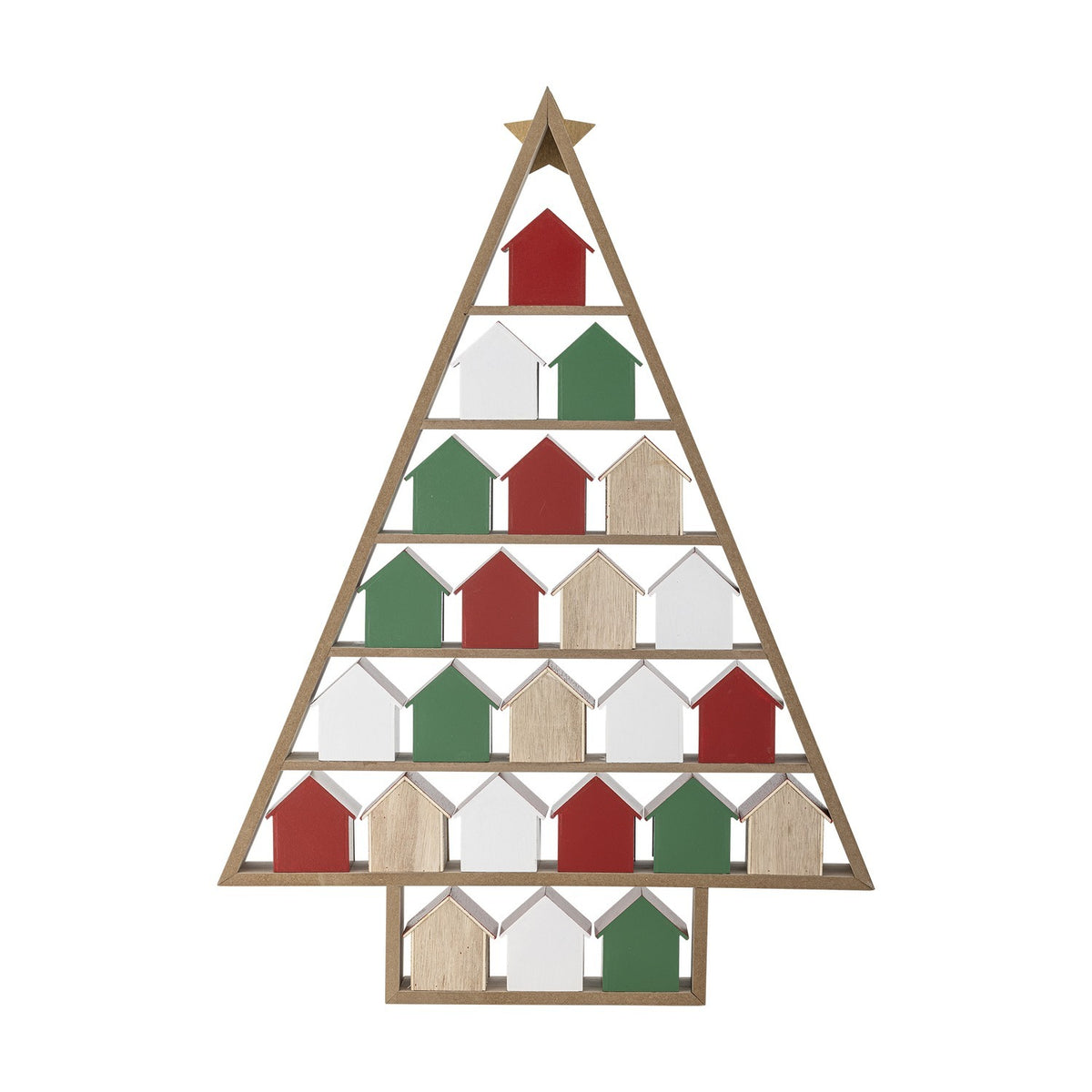 Calvin Christmas Tree Advent Calendar in MDF, a triangular tree-shaped frame with gold star topper and shelves of 24 small red, white, green and natural wood houses, shown on a white background.