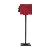 Red MDF Carlo Christmas postbox decoration with black stand, curved slatted roof, latching front door, and pine wreath with berries, shown on a white background.