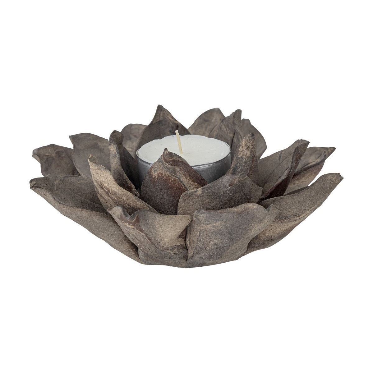 Eira Flower Stoneware Tealight Holder in brown, shaped like an open flower with layered pointed petals and curled inner petals cradling a lit tealight, shown on a white background.
