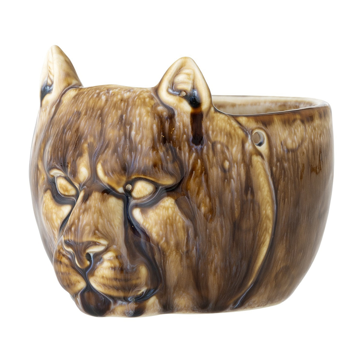 Abner Stoneware Plant Pot in brown, ceramic planter moulded as a big cat's face with pointed ears and relief features, glossy brown glaze, shown on a white background.