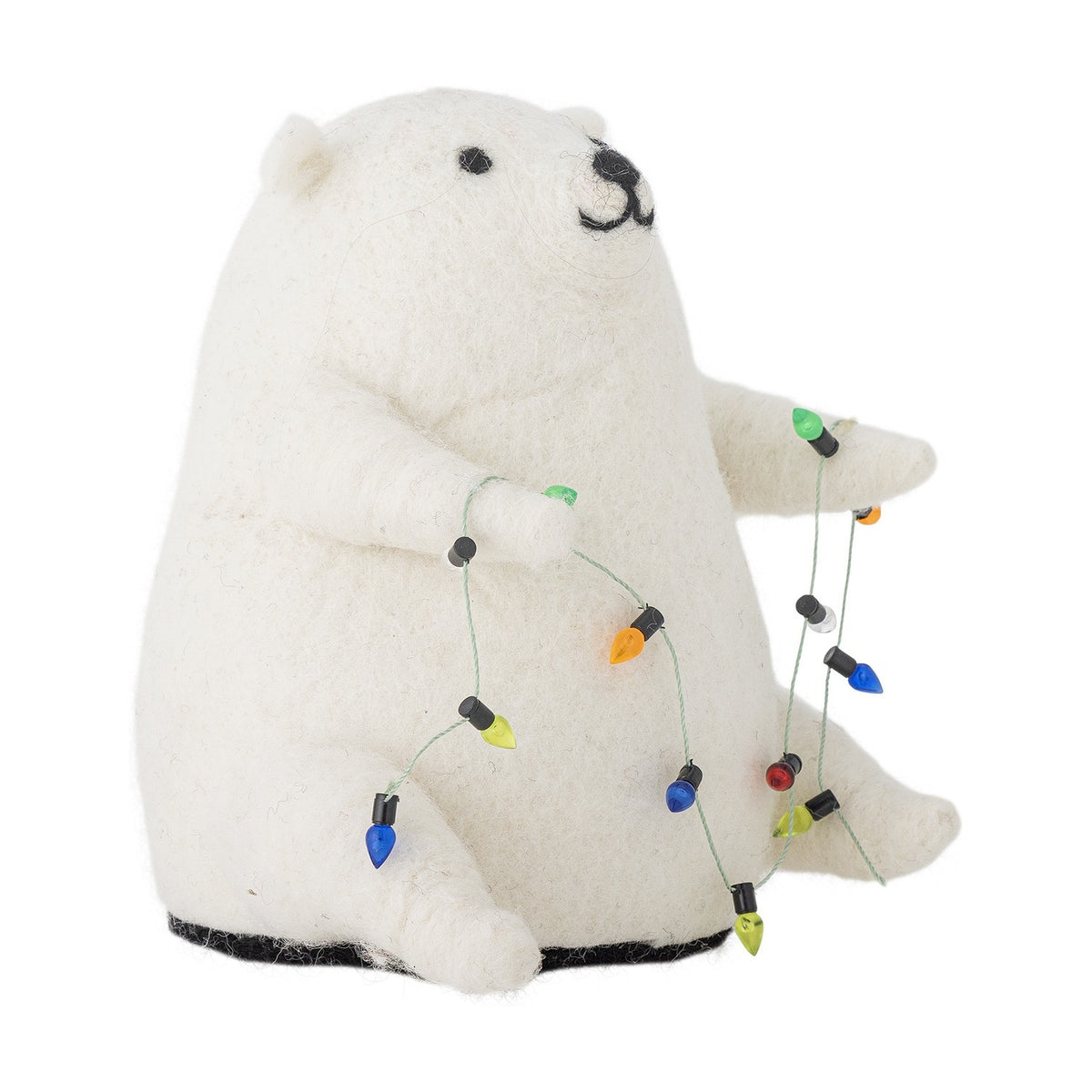 Wally Wool Christmas Decoration, a white felted bear figure holding a string of colourful bulb lights in its paws, shown against a plain white background.