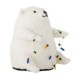 Wally Wool Christmas Decoration, a white felted bear figure holding a string of colourful bulb lights in its paws, shown against a plain white background.