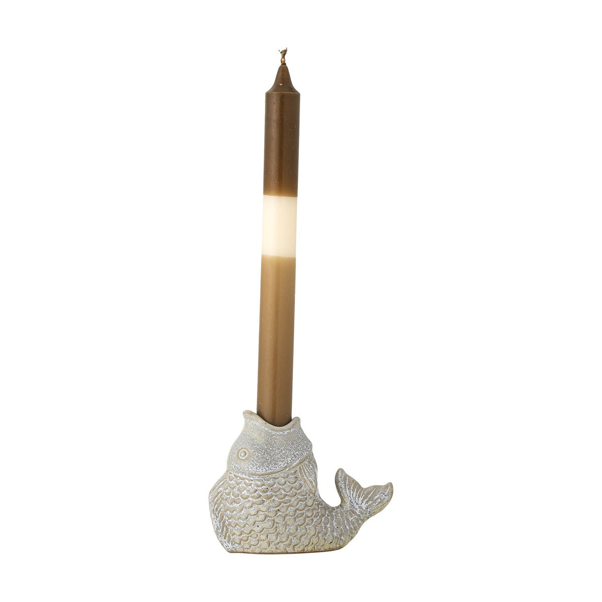 Hiro Fish Stoneware Candle Holder in grey, shaped like an upright fish with scaled relief, raised eye and curled tail, holding a brown taper candle on a white background.