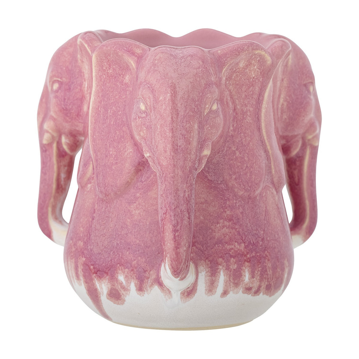 Pontus Stoneware Vase in pink, 15.5cm, with ceramic elephant heads forming the ring-shaped body and a wavy rim, shown on a plain white background.