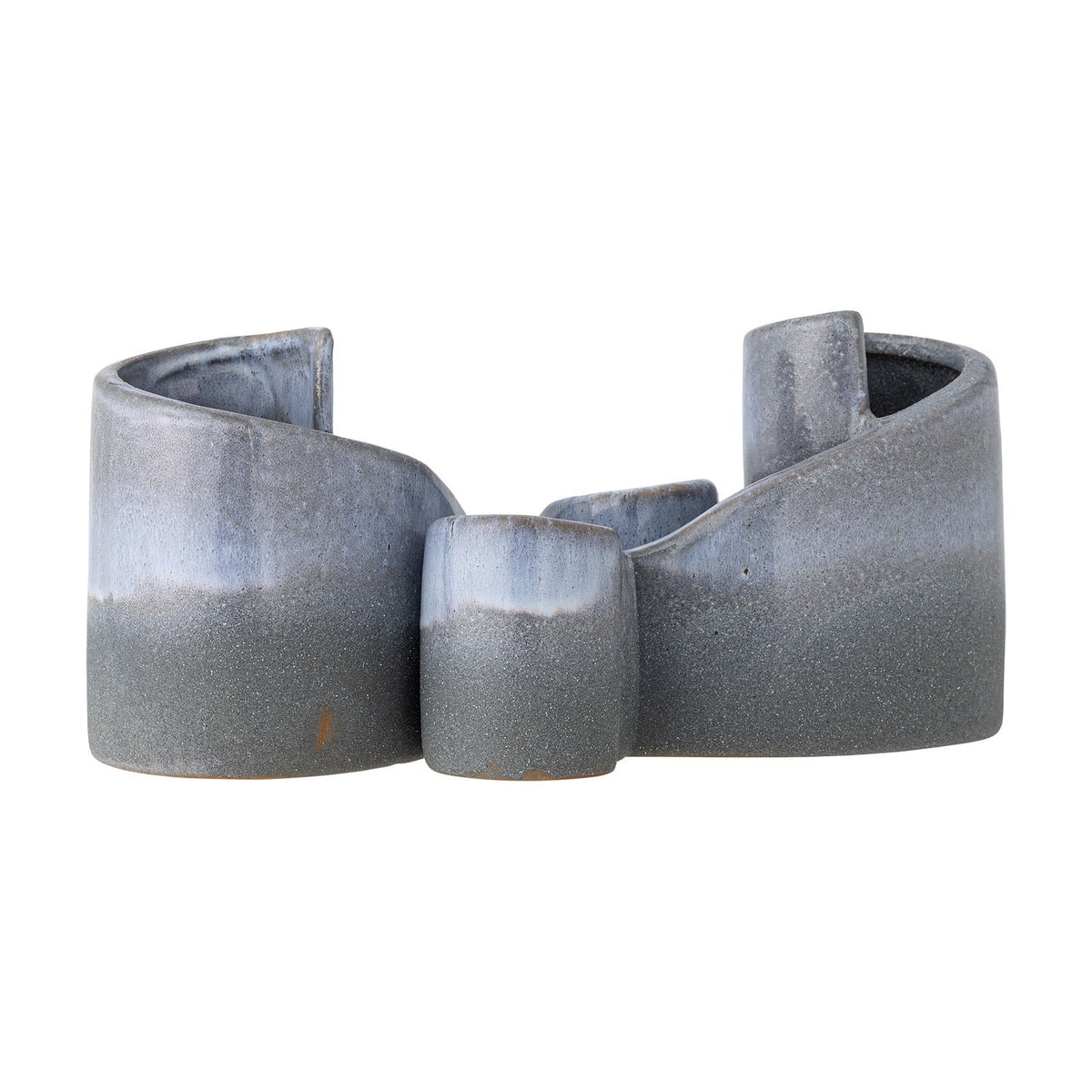 Meliad Stoneware Bookends Set of 2 in Blue, curled hollow ceramic forms with a glossy light blue band fading into a speckled deeper blue base, shown on a plain white background.