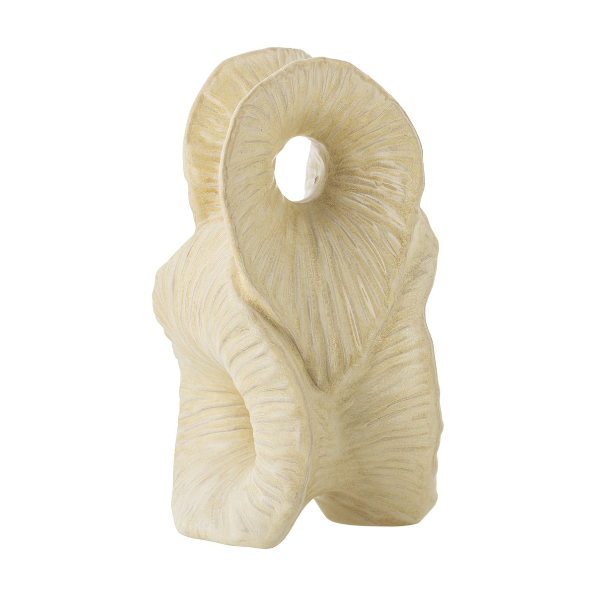 Fabien Stoneware Ornament in cream, a sculptural piece with folded, ribbon-like forms and two open centres, finely carved radiating lines, shown on a plain white background.