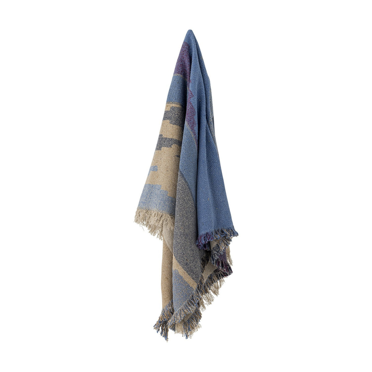 Maji Cotton Throw in Multi hangs against a plain white background, showing abstract overlapping blocks in blue, tan, and grey with a flecked, tweedy texture and raw fringed edges.