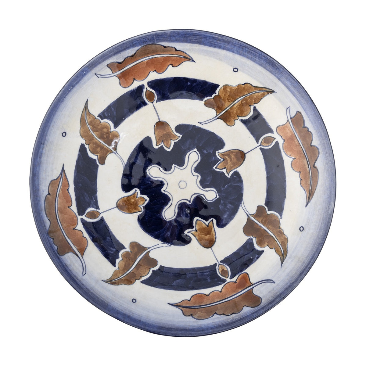 Myrna Stoneware Pedestal Bowl 29cm in ceramic, shallow round form with concentric navy bands, star-shaped centre, and hand-painted brown leaf and bud motifs, shown on a white background.