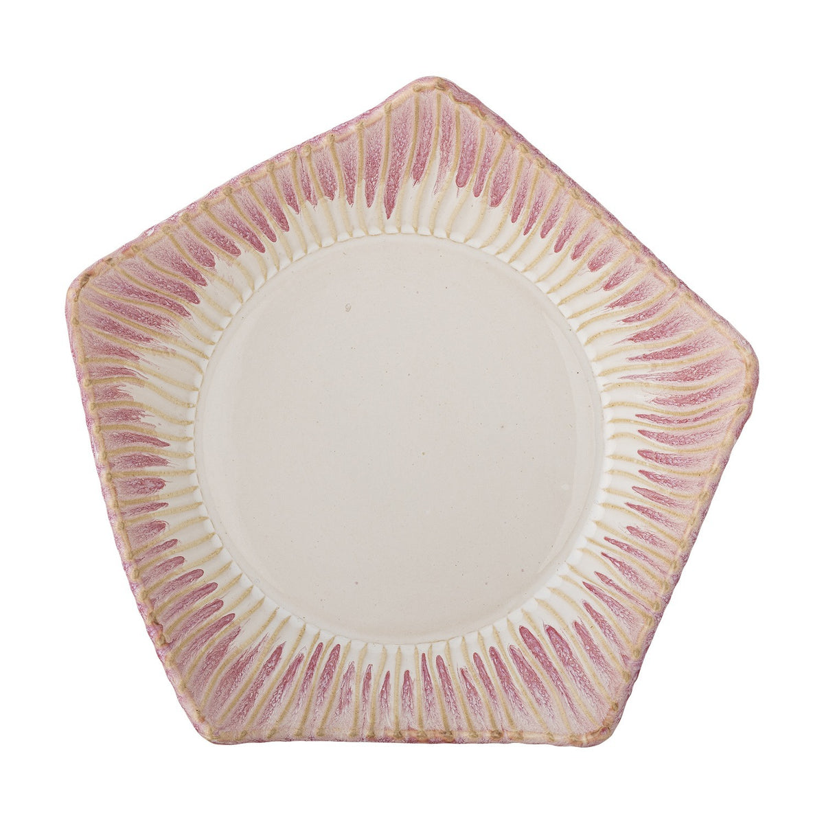 Pentagon-shaped stoneware bowl, 28cm, with a plain cream centre and ridged pink striped pattern radiating to the scalloped rim, shown on a white background.