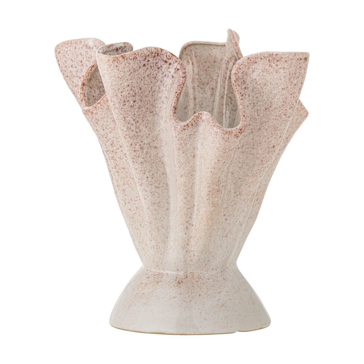 Plier Stoneware Vase 29cm in Pink, with fabric-like folded walls fanning into a wavy rim above a flared foot, speckled ceramic finish, on a plain white background.