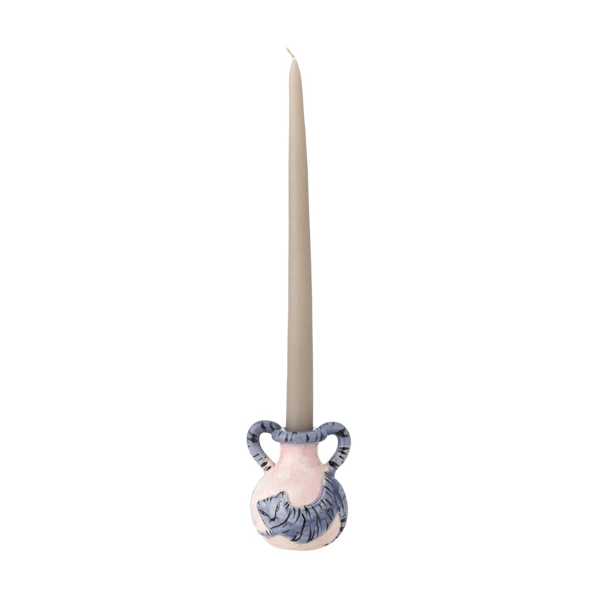 Ryker Stoneware Candle Holder in pink and blue with a two-handled vase shape and painted striped cat design, holding a tall taper candle against a white background.