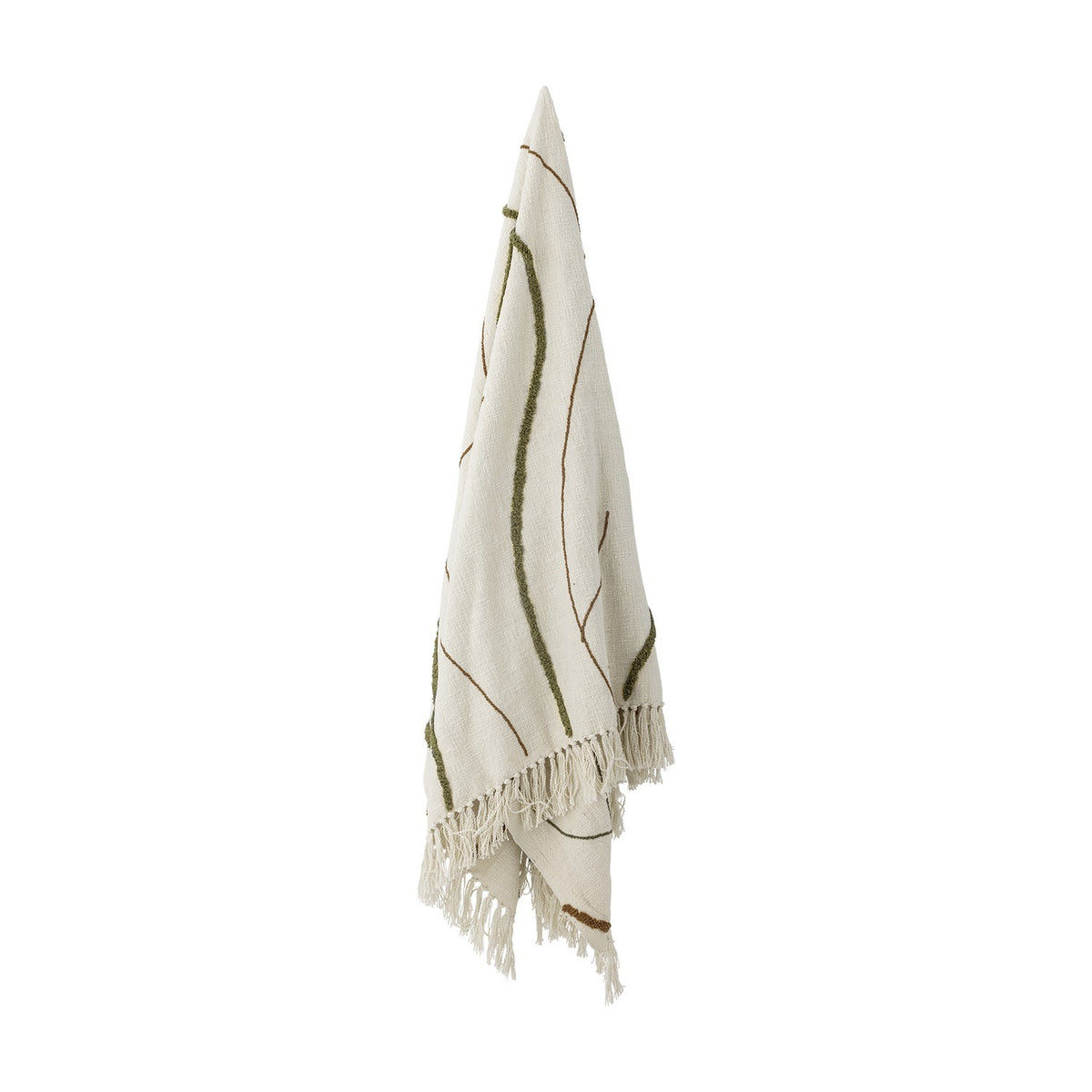 Osasio Cotton Throw in cream, hanging with tufted green and brown sweeping lines on a woven cotton ground, fringed edges, shown against a plain white background.
