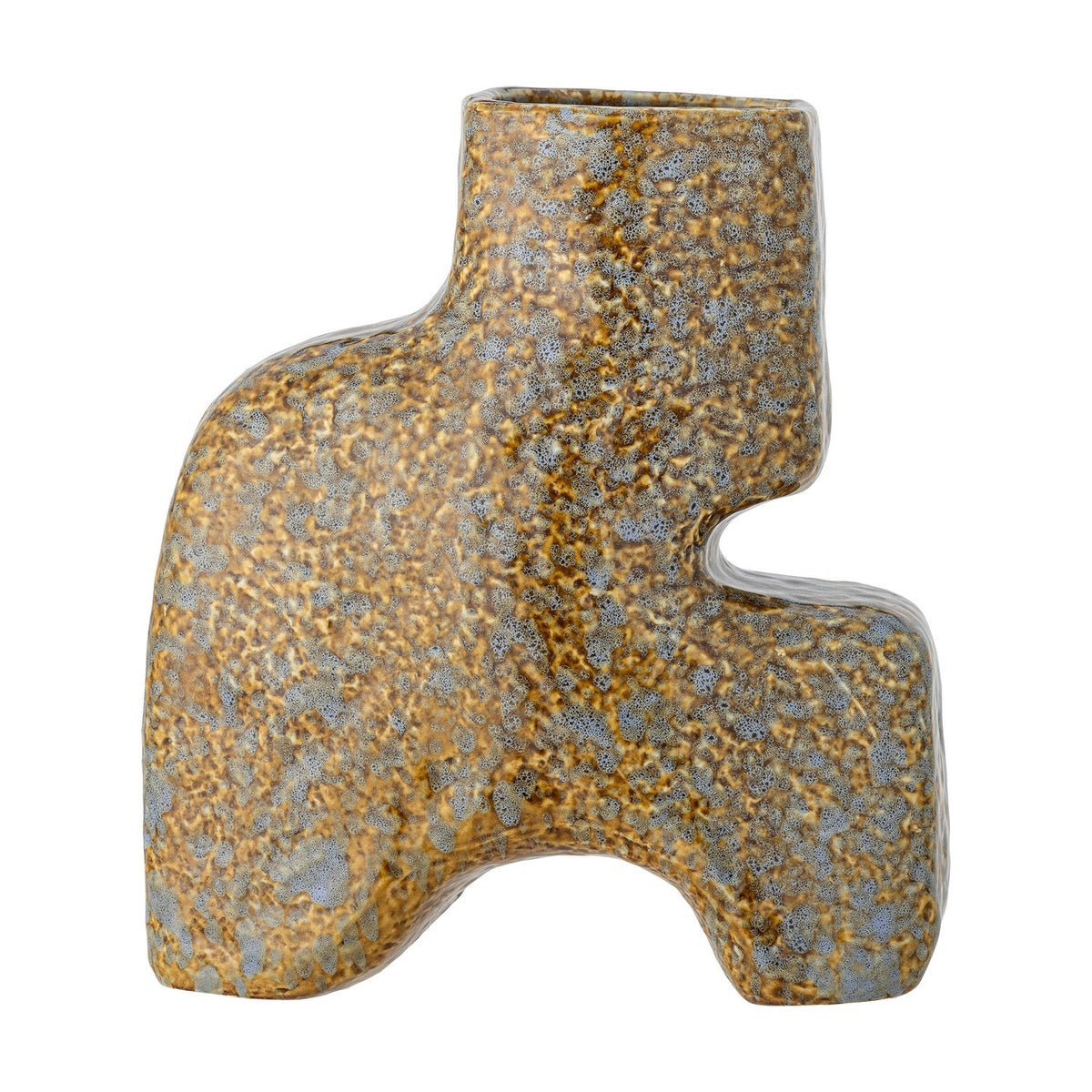 Ollia Stoneware Vase 20cm in Brown, a sculptural ceramic piece with a stepped, blocky form, squared neck, cut-out notch and arched base, finished in a mottled glossy glaze.