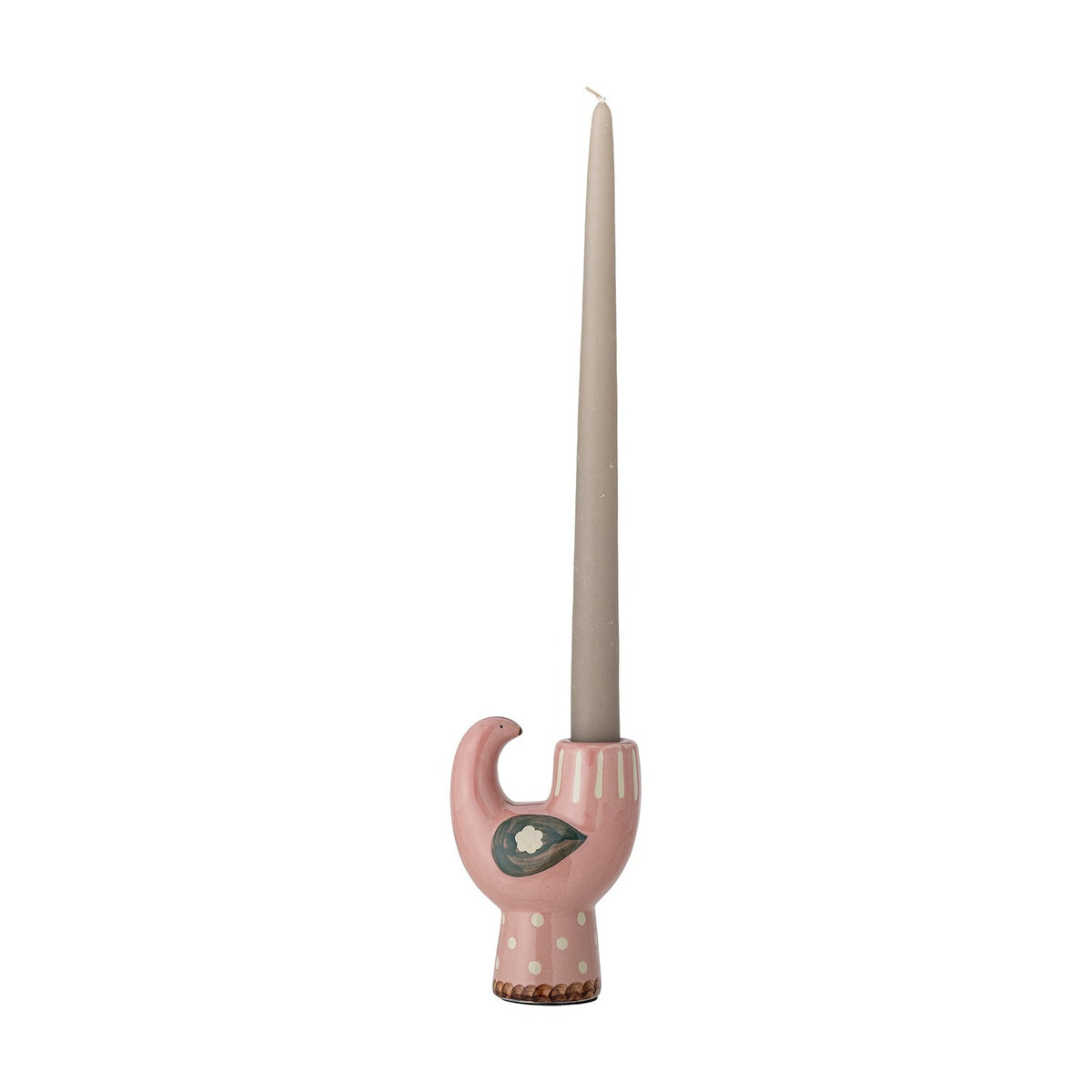 Trudy Bird Stoneware Candle Holder in pink, shaped like a small bird with a curved head and cupped back holding a tall taper candle, on a plain white background.
