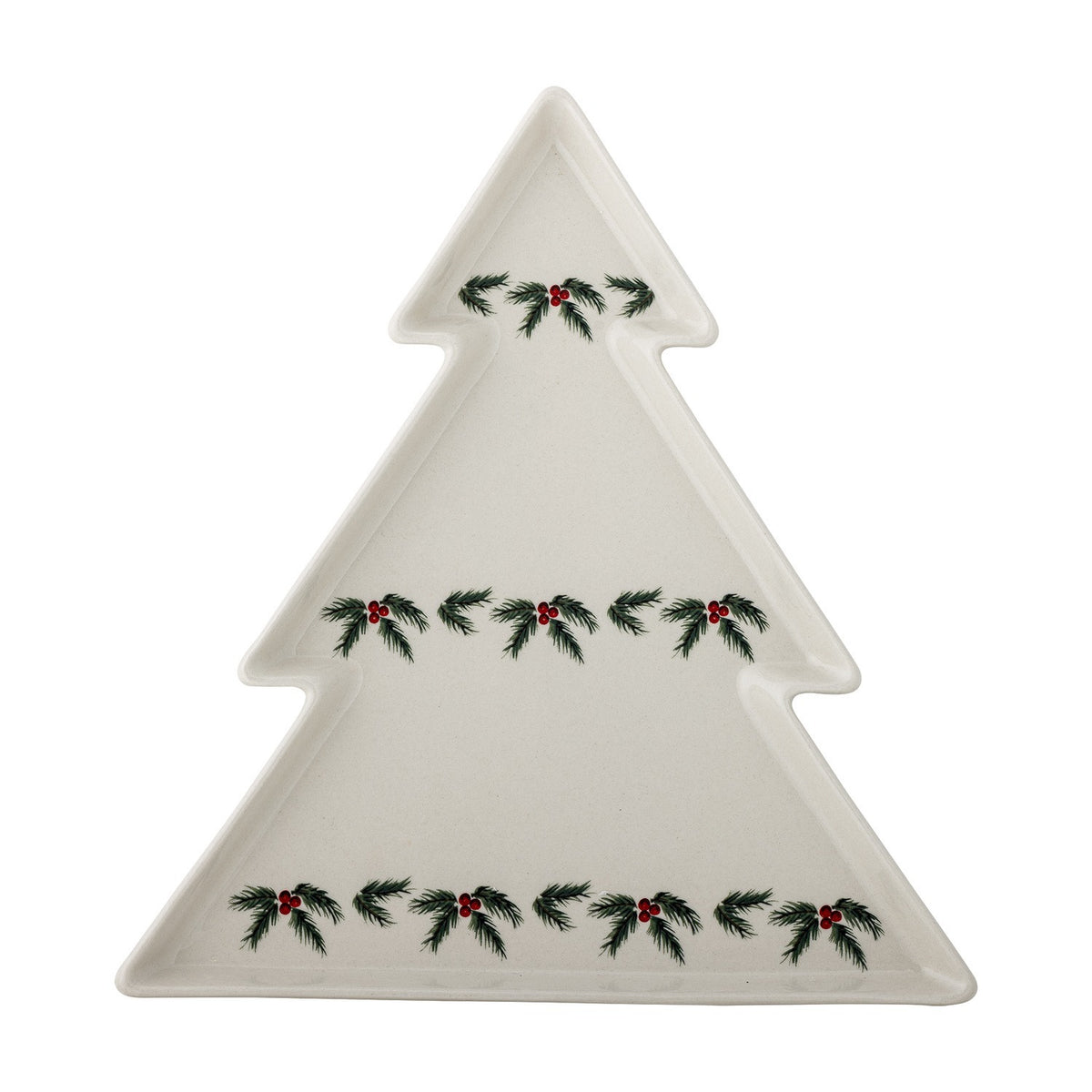 Berry Stoneware Christmas Platter in white, a tree-shaped ceramic serving plate with three tiered rows decorated with evergreen sprig and berry decals, shown on a plain white background.