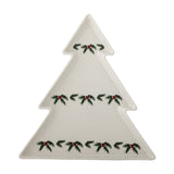 Berry Stoneware Christmas Platter in white, a tree-shaped ceramic serving plate with three tiered rows decorated with evergreen sprig and berry decals, shown on a plain white background.