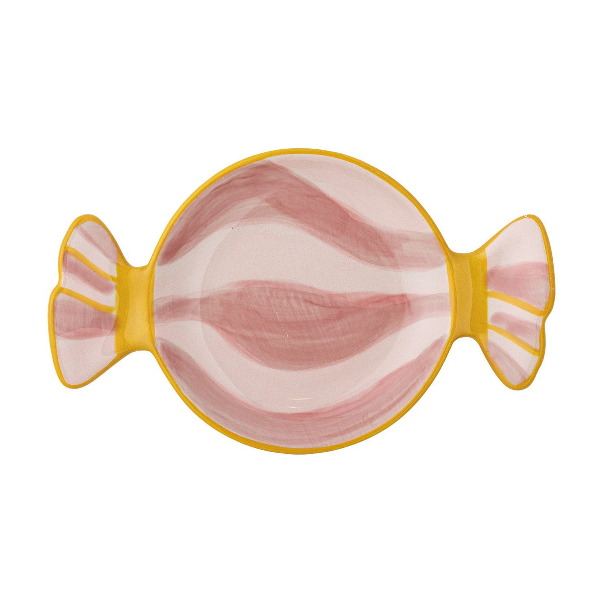 Caramella Wrapped Sweet stoneware platter in pink, shaped like a twisted sweet wrapper with hand-painted pink swirls and striped yellow-edged ends, on a white background.