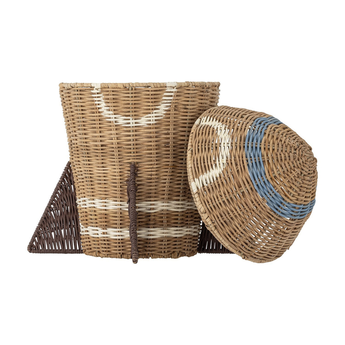 Space Rocket Rattan Basket with Lid in natural woven rattan, with pointed nose lid, triangular fins, and blue porthole ring detail, shown against a white background.
