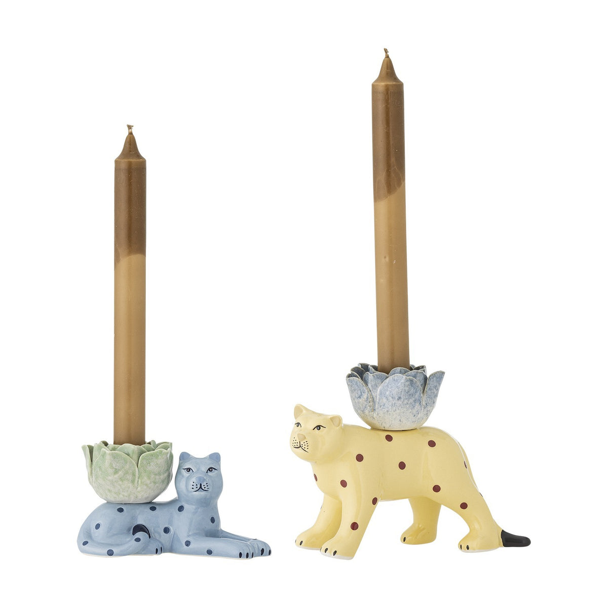 Rory Cat Stoneware Candle Holders set of 2, spotted big cat figures in blue and yellow with petal-shaped cups holding tall taper candles, on a white background.