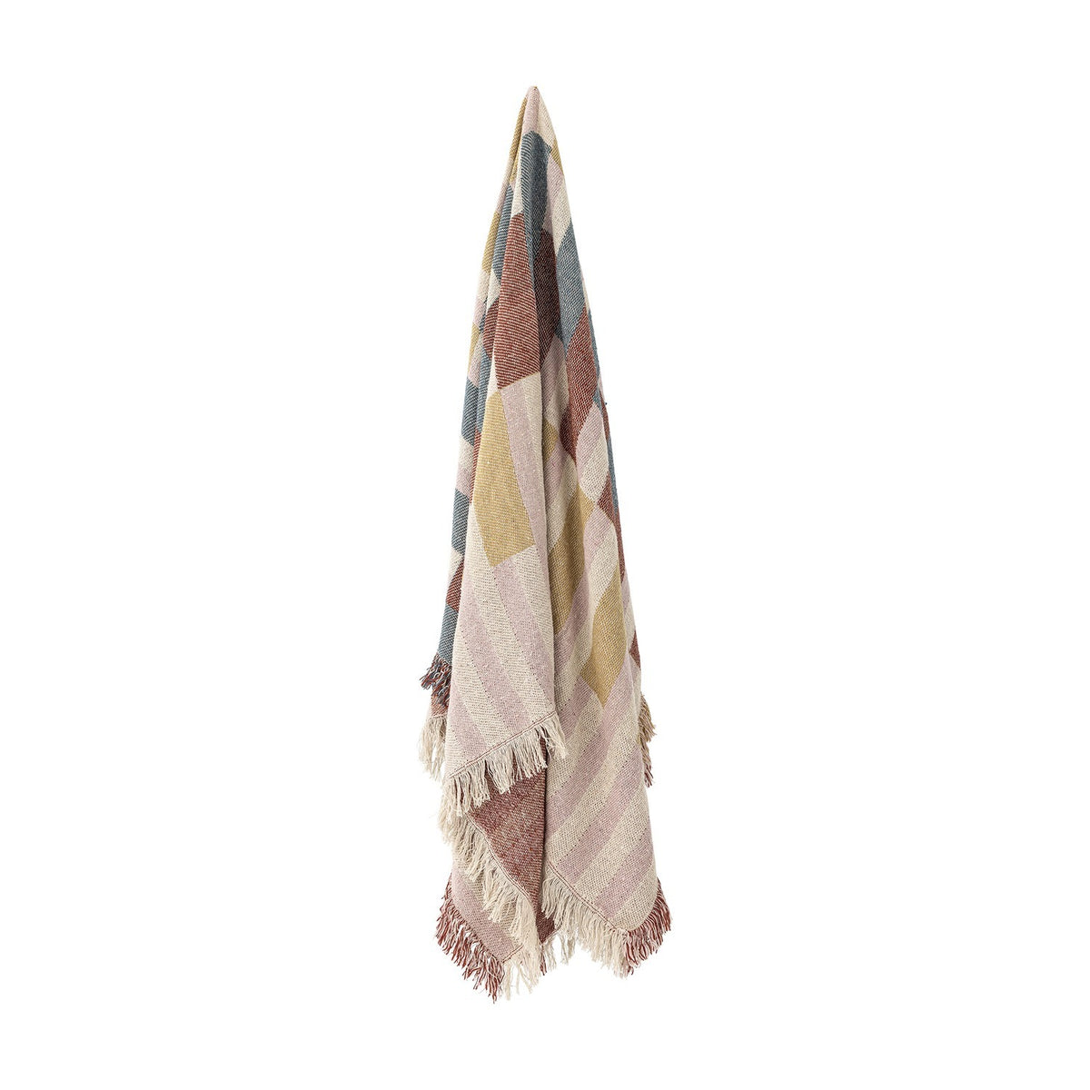 Lane Striped Throw in Multi, a woven cotton-blend throw with geometric block stripes in pink, mustard and blue, finished with long fringe edges, shown hanging against a plain white background.