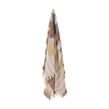 Lane Striped Throw in Multi, a woven cotton-blend throw with geometric block stripes in pink, mustard and blue, finished with long fringe edges, shown hanging against a plain white background.