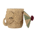 Bobo Elephant water hyacinth storage basket with lid, curled trunk, round ears, stitched eyes, and a cone-shaped green-striped lid with a burgundy pompom handle.