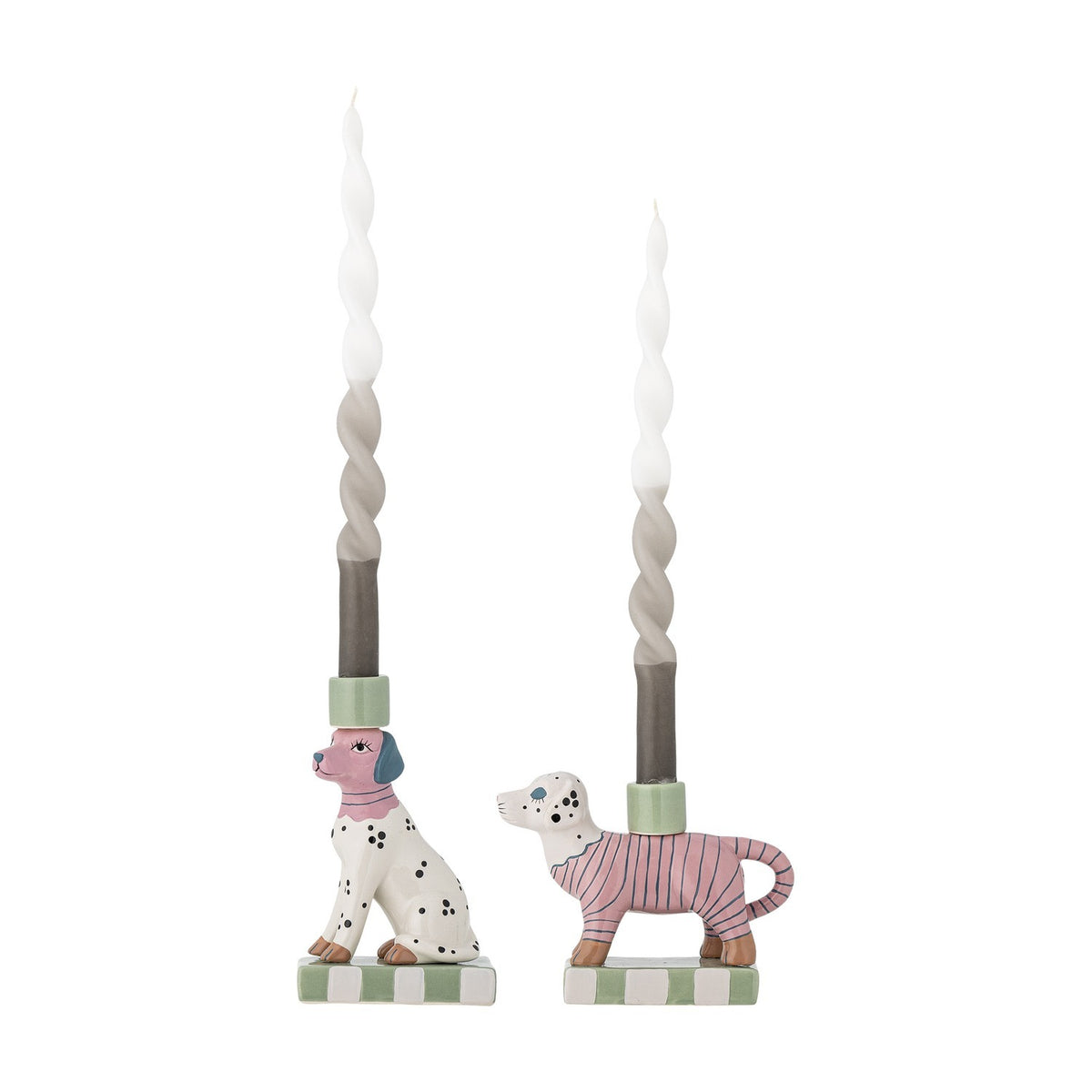 Doglie stoneware candle holders set of 2, dog-shaped with pink striped and dotted designs on green-and-white checked bases, holding twisted taper candles against a white background.