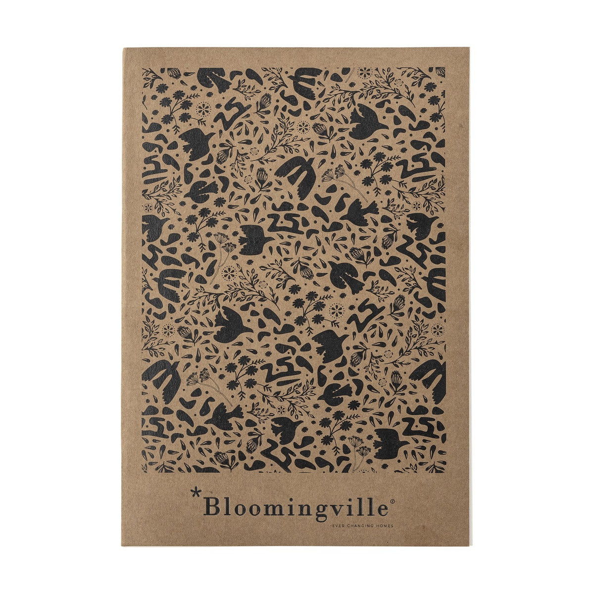 Anniversary Notebook in brown with a dense printed pattern of birds, flowers, and abstract shapes, "Bloomingville" text on the plain lower band, shown on a white background.