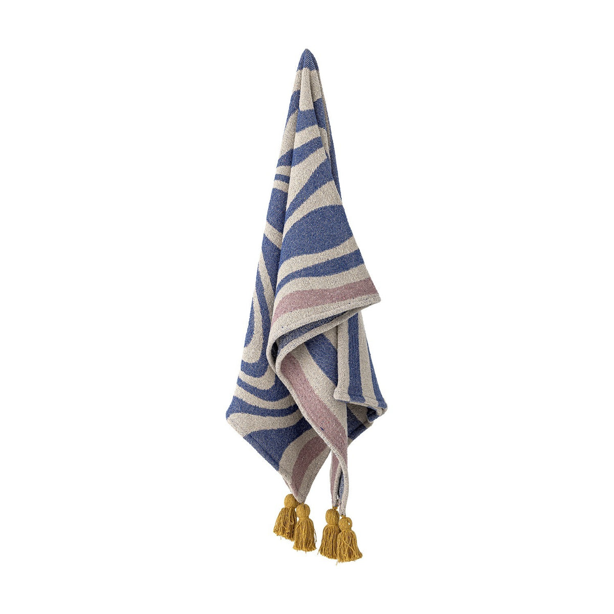 Arlie Throw in blue, a woven fabric throw with swirling bands and straight stripes, finished with mustard corner tassels, hanging against a plain white background.