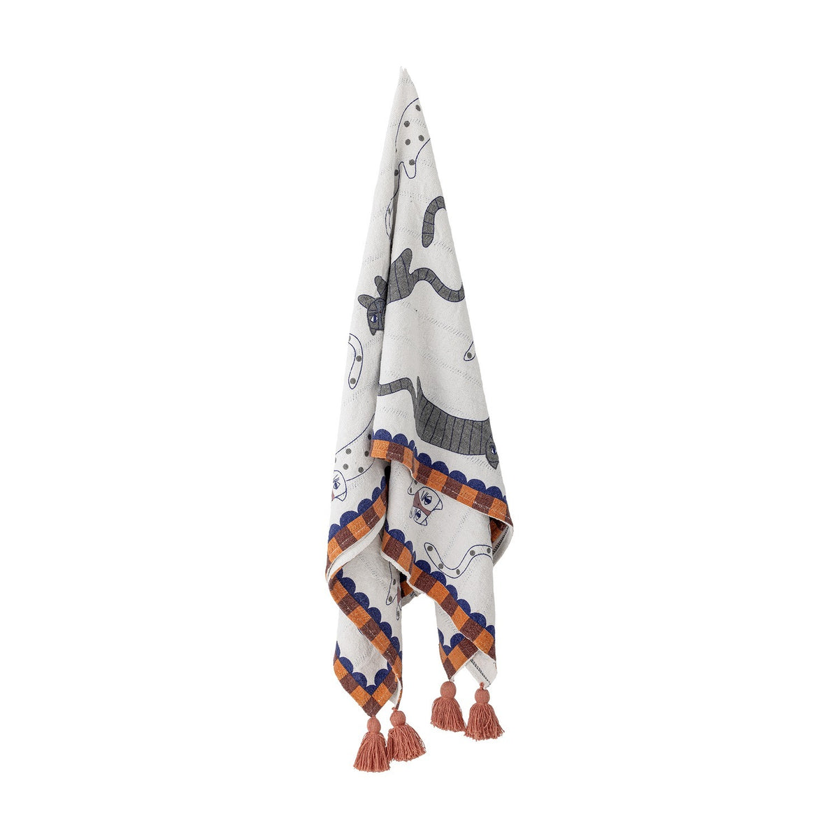 Missy Striped Throw in Multi, a cotton blend throw hanging against a white background with printed cat motifs, scalloped and checked borders, and tassels at the corners.