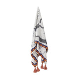 Missy Striped Throw in Multi, a cotton blend throw hanging against a white background with printed cat motifs, scalloped and checked borders, and tassels at the corners.