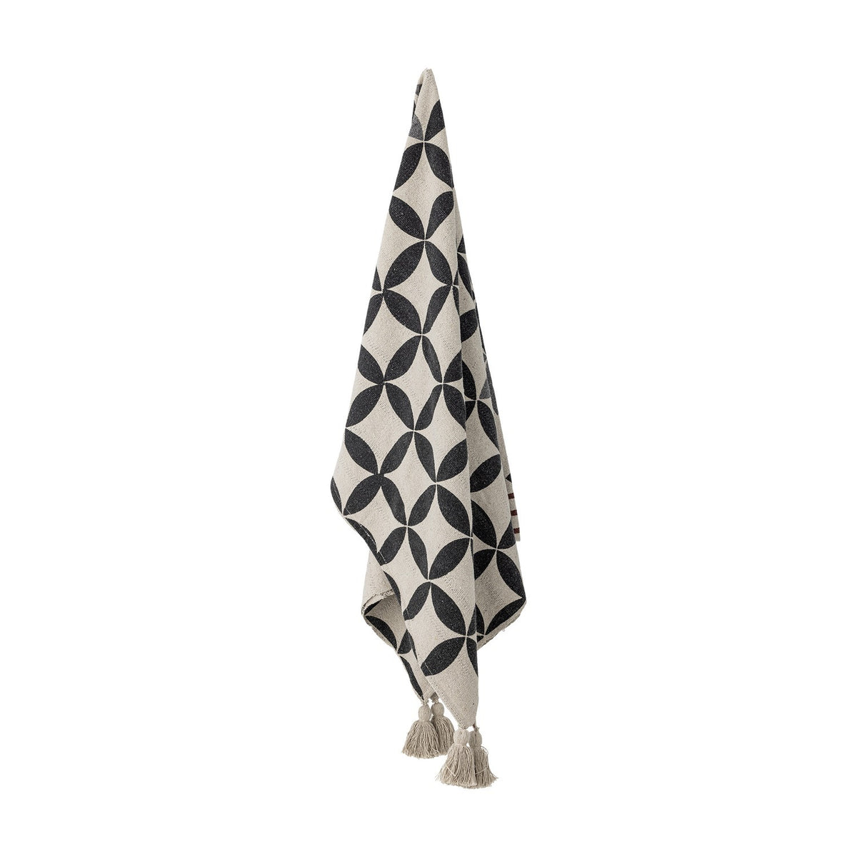 Forma Striped Throw in beige, hanging with an interlocking oval lattice pattern and tasselled corners, shown against a plain white background.