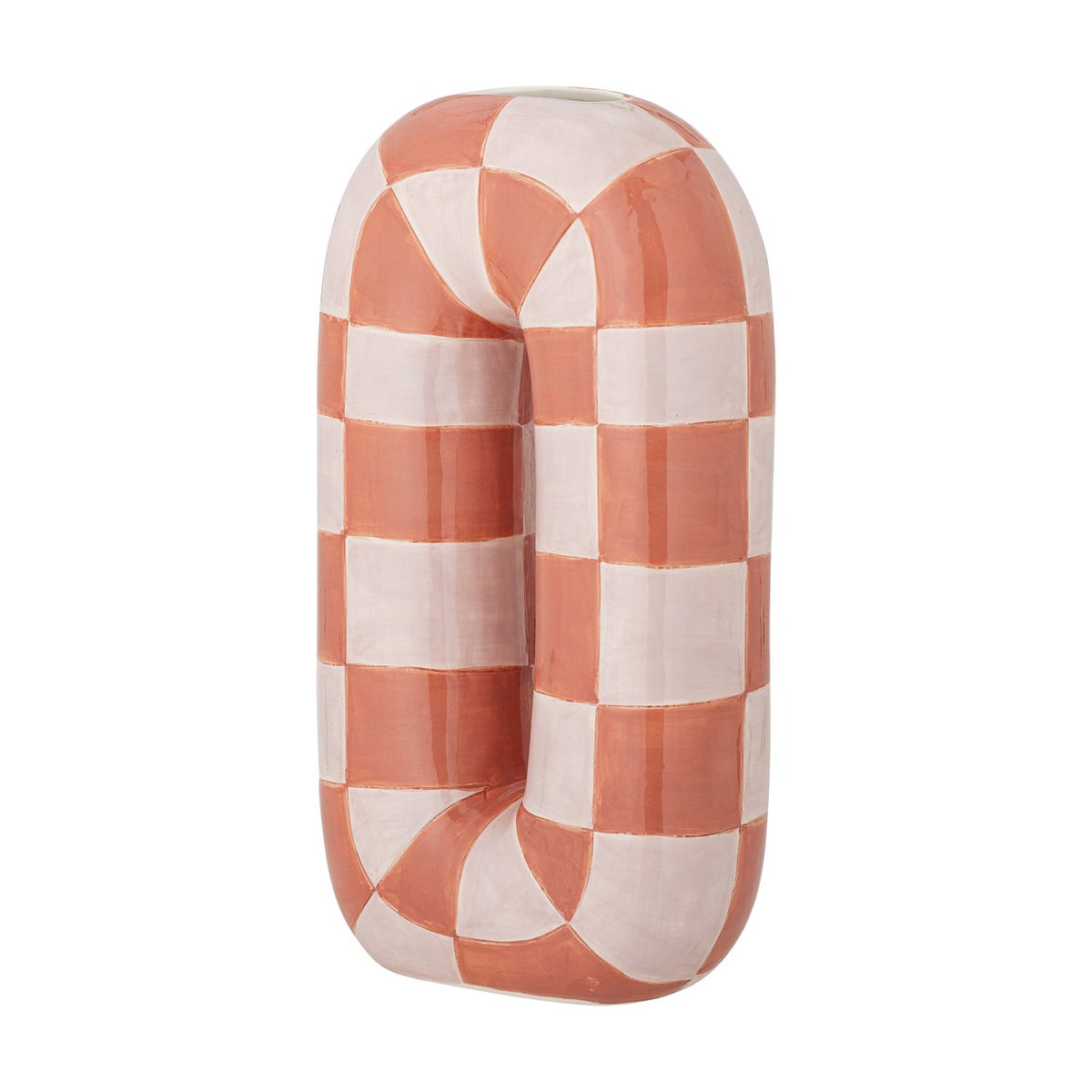 Mae Ceramic Vase 32cm in Orange, a tall looped dolomite vase with an orange and white check pattern bending into wedges at the curves, shown on a plain white background.