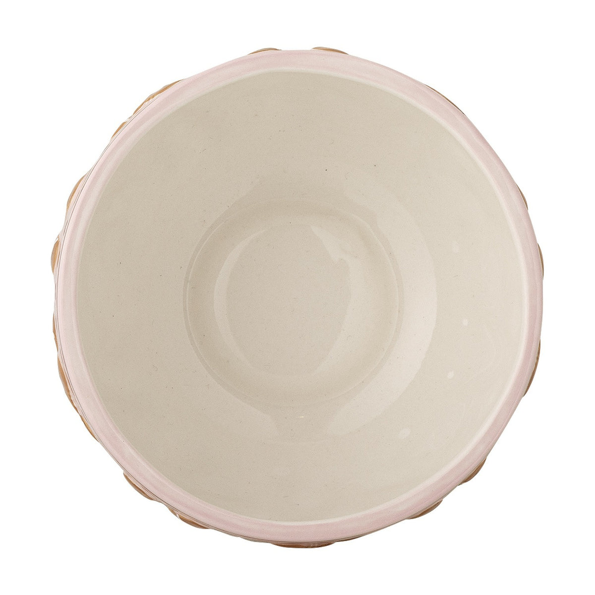 Top-down view of the Binna Heart stoneware Christmas bowl in pink, showing the cream glazed interior and pink rim against a white background.
