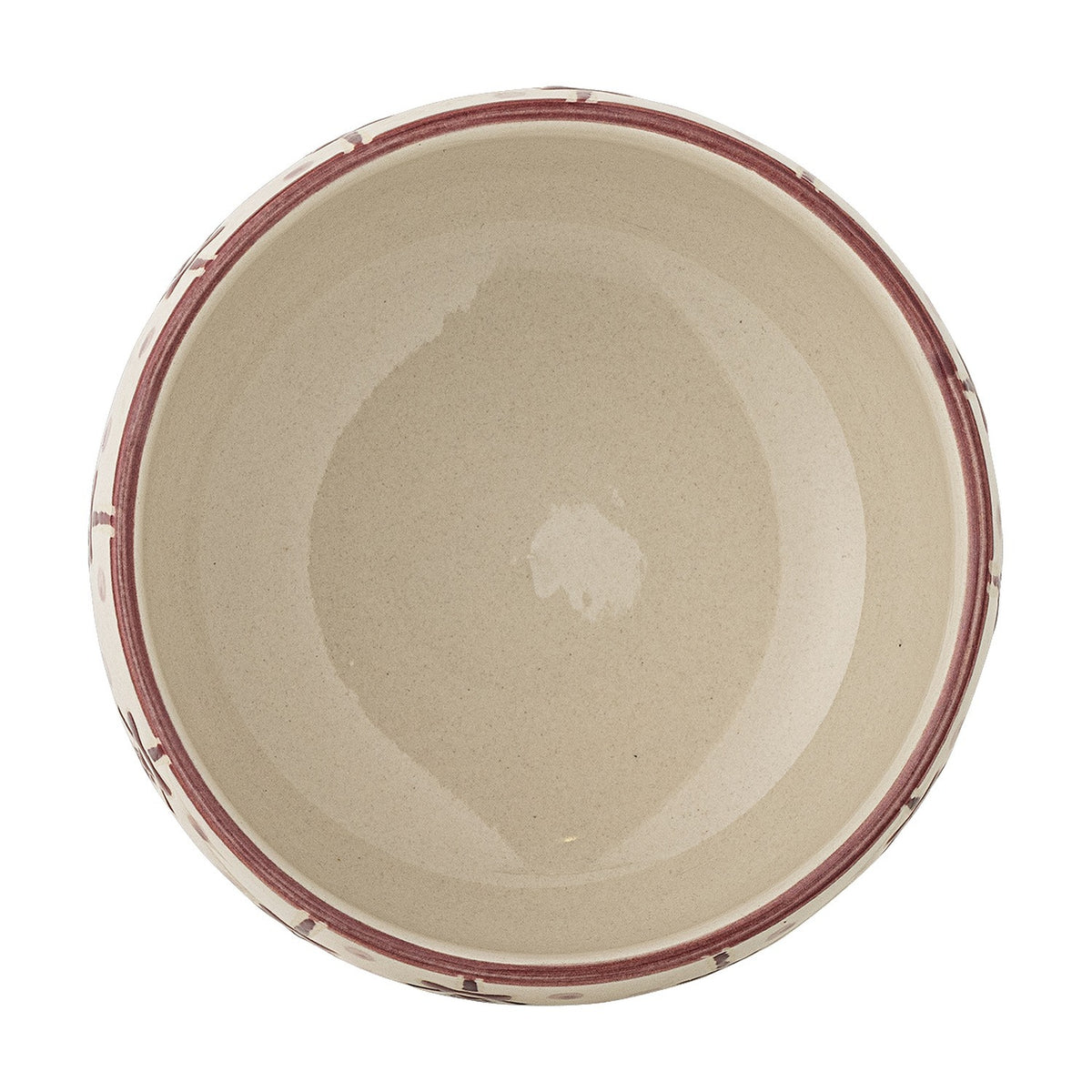 Top-down view of an Ornamentia stoneware bowl with a beige interior and an embossed red-patterned rim, set against a plain white background.