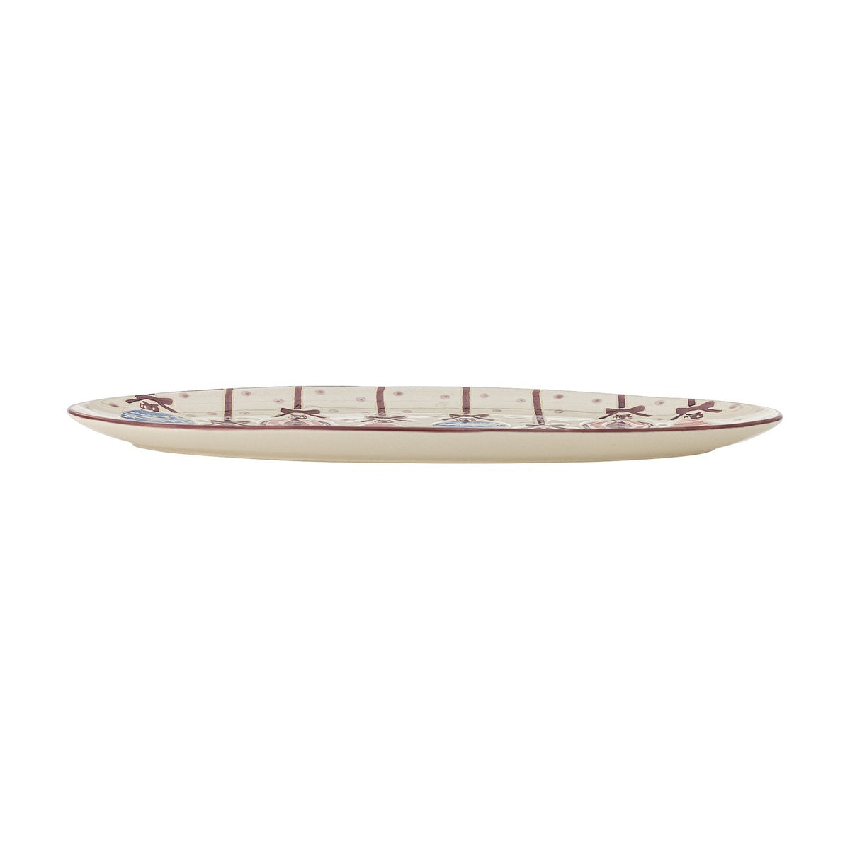 Ornamentia Stoneware Christmas Platter in Multi, a long narrow oval stoneware serving platter with hand-painted bauble and dot pattern, shown side-on with shallow raised rim on a white background.