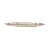 Ornamentia Stoneware Christmas Platter in Multi, a long narrow oval stoneware serving platter with hand-painted bauble and dot pattern, shown side-on with shallow raised rim on a white background.