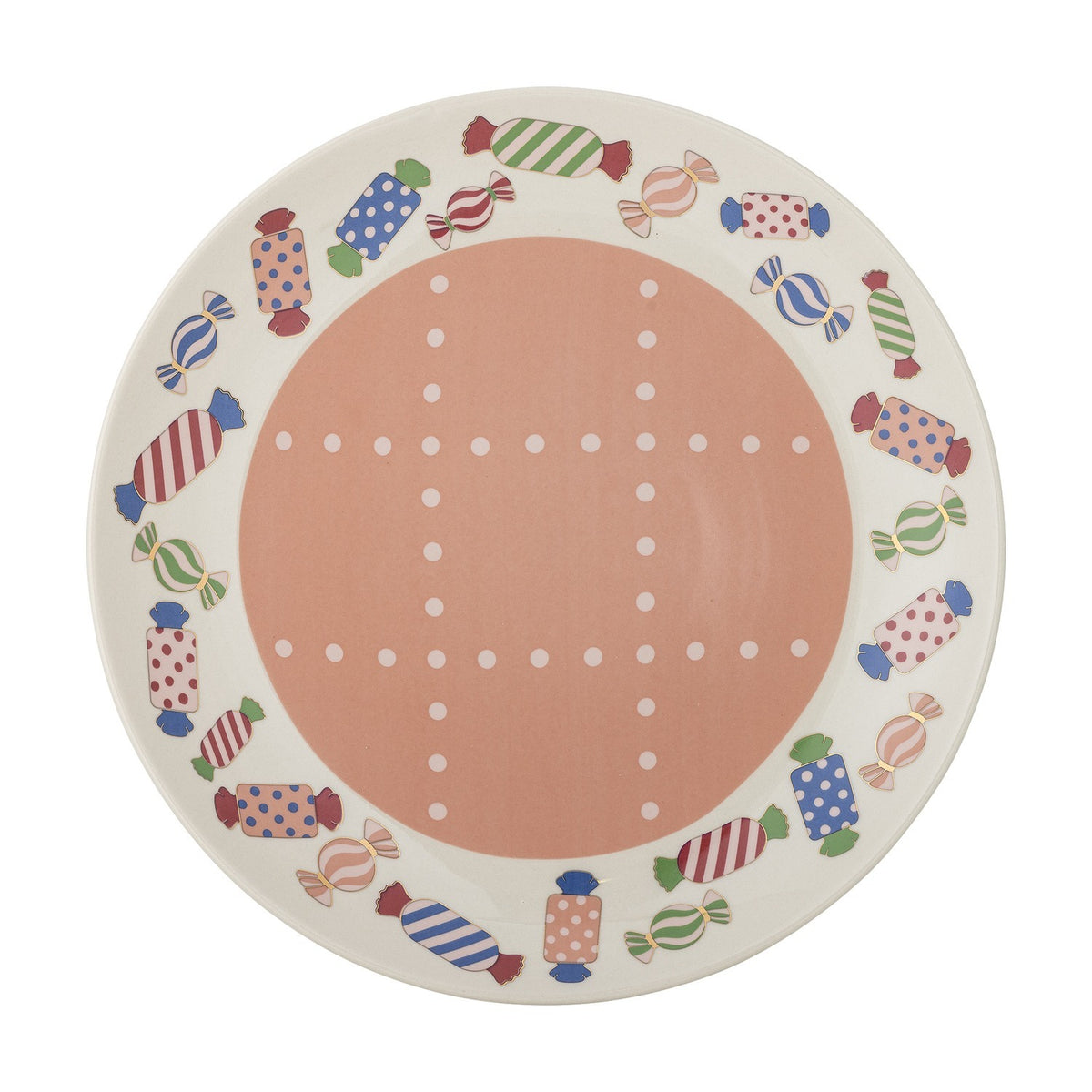Caramella Stoneware Christmas Dinner Plate with a peach centre, white dotted grid pattern, and a rim of multicoloured striped and spotted wrapped sweets, shown on a white background.