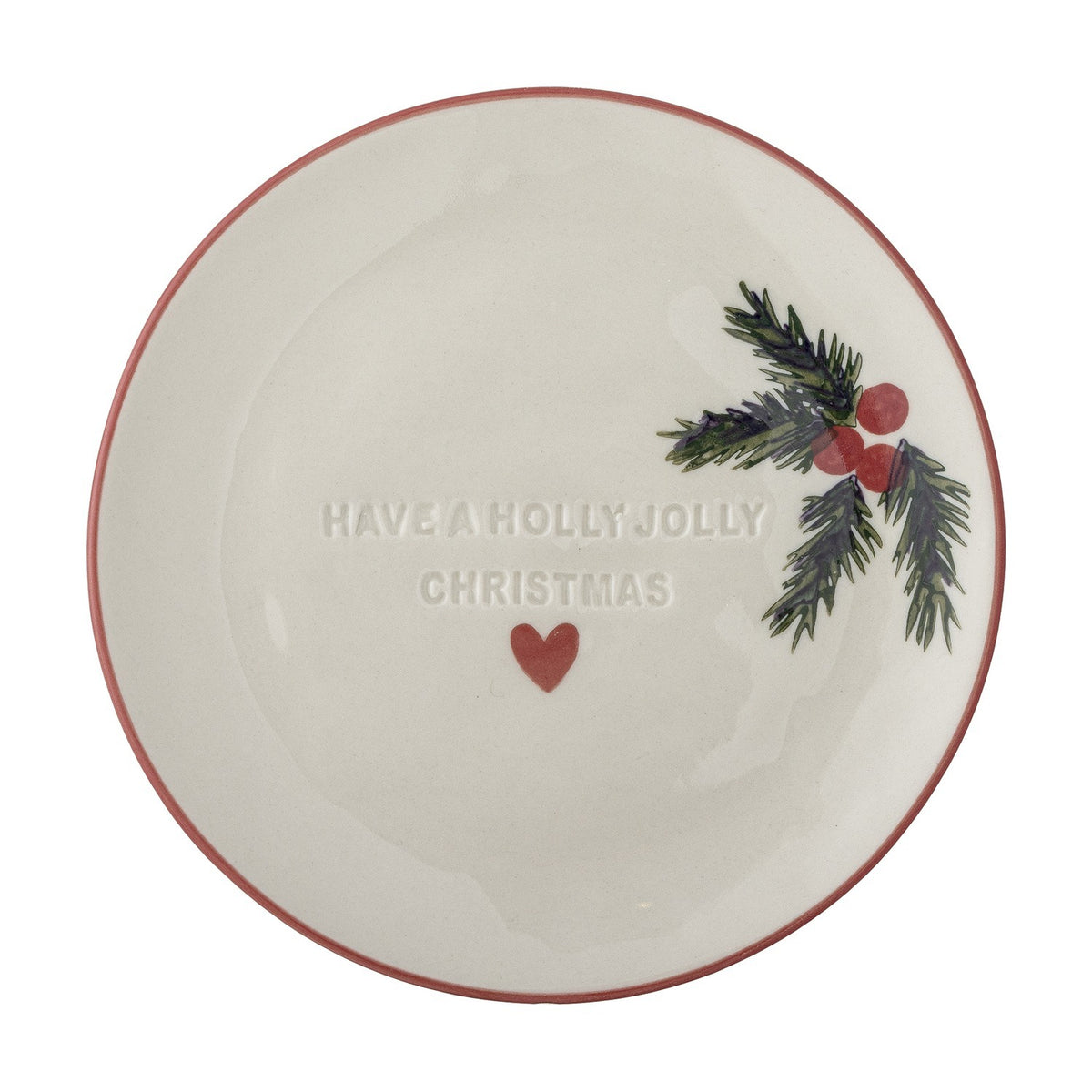 Cream stoneware Christmas side plate with pink rim, embossed "Have a Holly Jolly Christmas" text, a red heart, and a painted holly sprig with berries, shown on a plain white background.