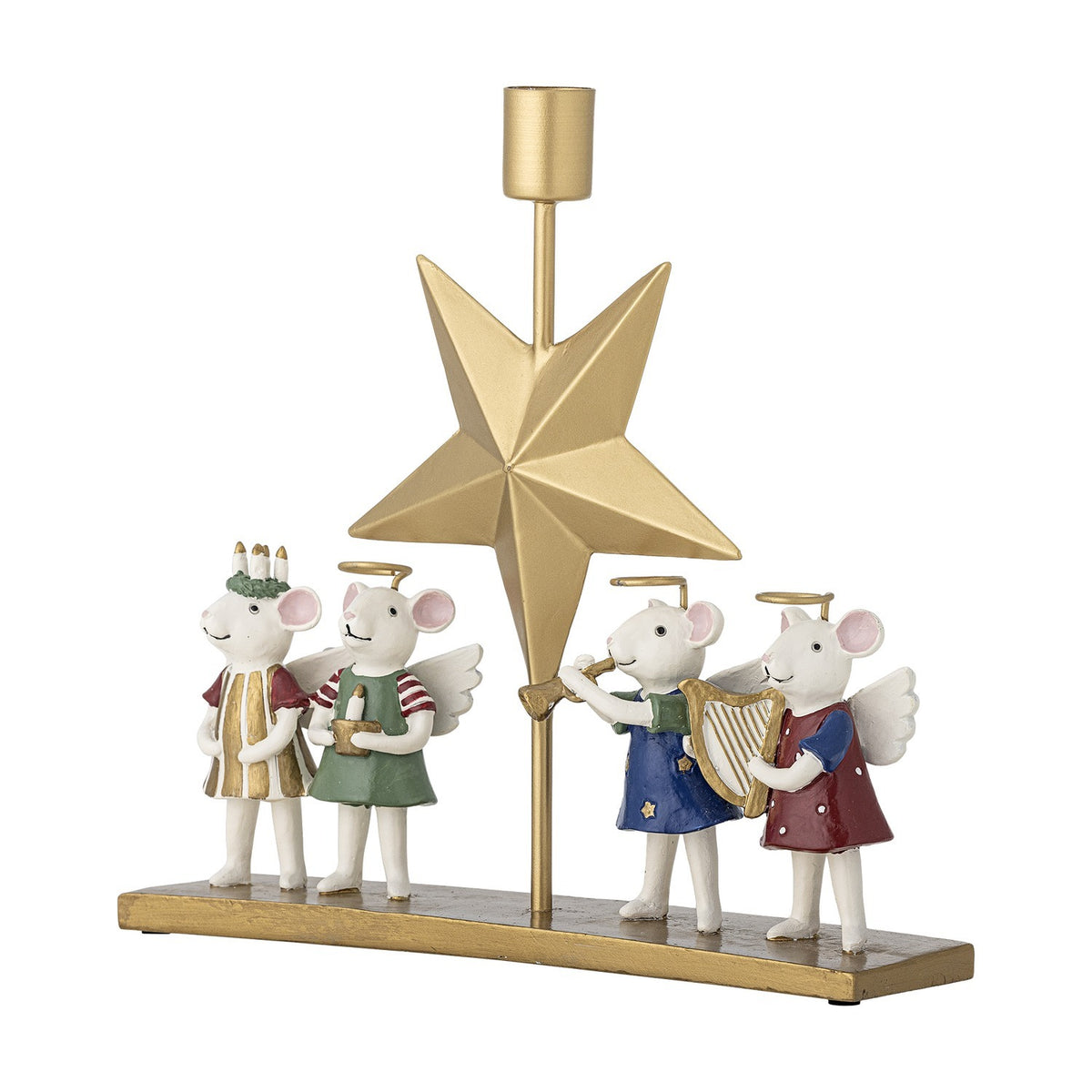 Peo Star resin candle holder with a gold faceted star, upright stem, and single candle cup, surrounded by four winged mice in festive outfits on a long base.