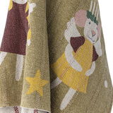 Peo Striped Christmas Throw in green, knitted fabric draped to show a mouse-in-angel-dress motif with stars among the woven texture.